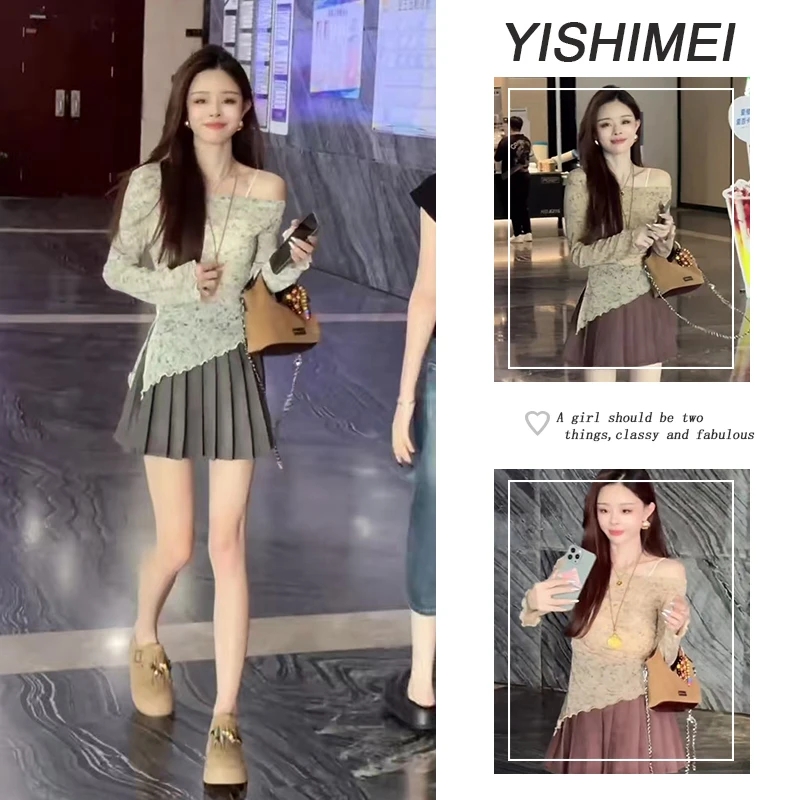 秋季美拉德穿搭2025年新款韩系百搭不规则长袖上衣百褶短裙两件套