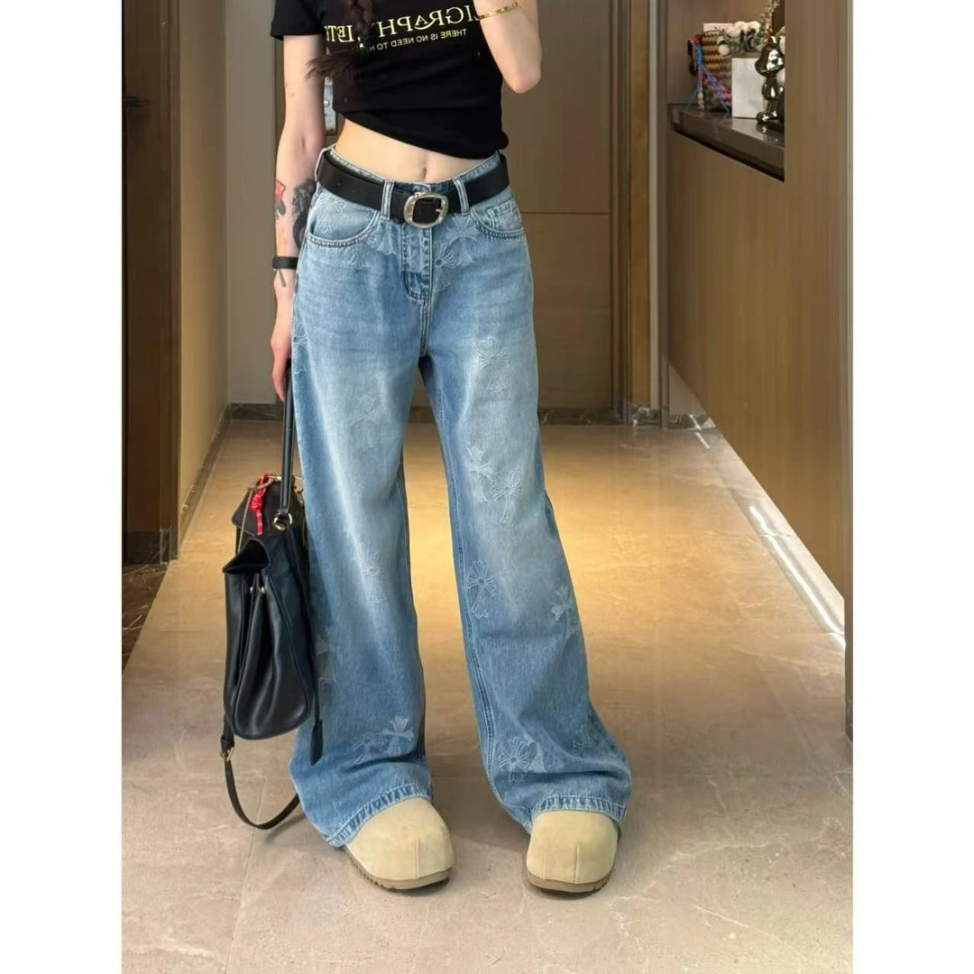 【青青同款】夏季簿款时尚高街提花牛仔裤