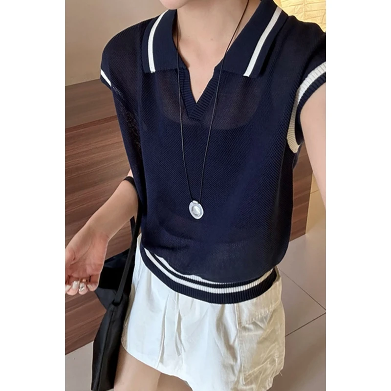 老钱风穿搭撞色翻领针织短袖T恤女夏季设计感小众修身polo衫上衣