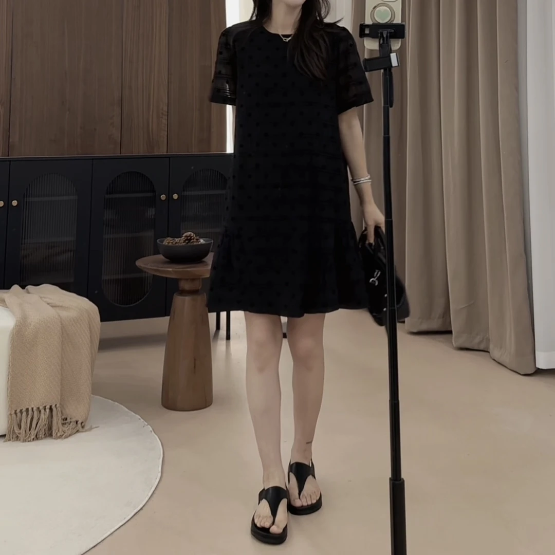 伟丽店4006款【植绒圆点肌理纹连衣裙】时尚夏季显瘦气质连衣裙