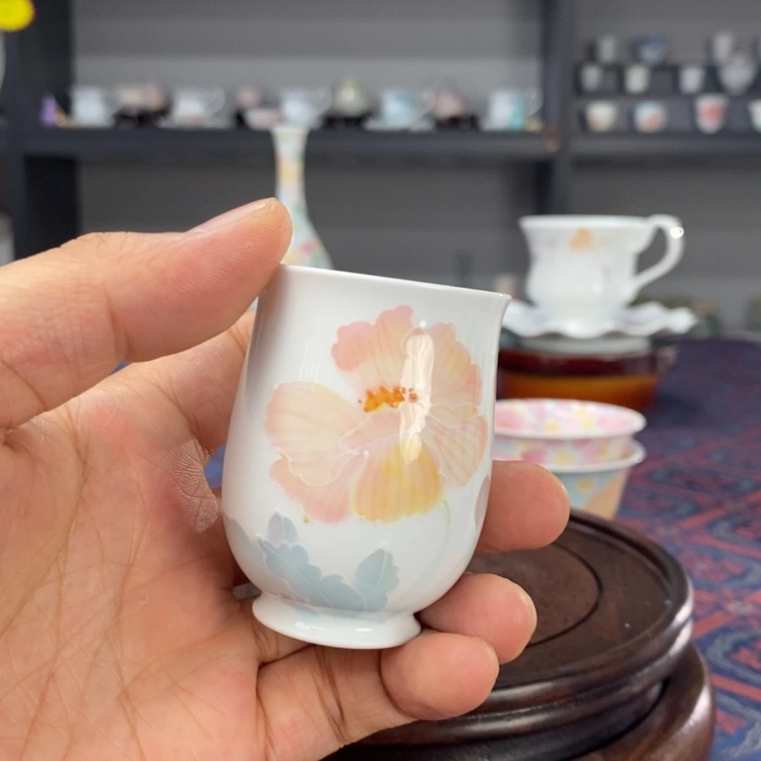 虞美人品茗杯手绘釉下高温