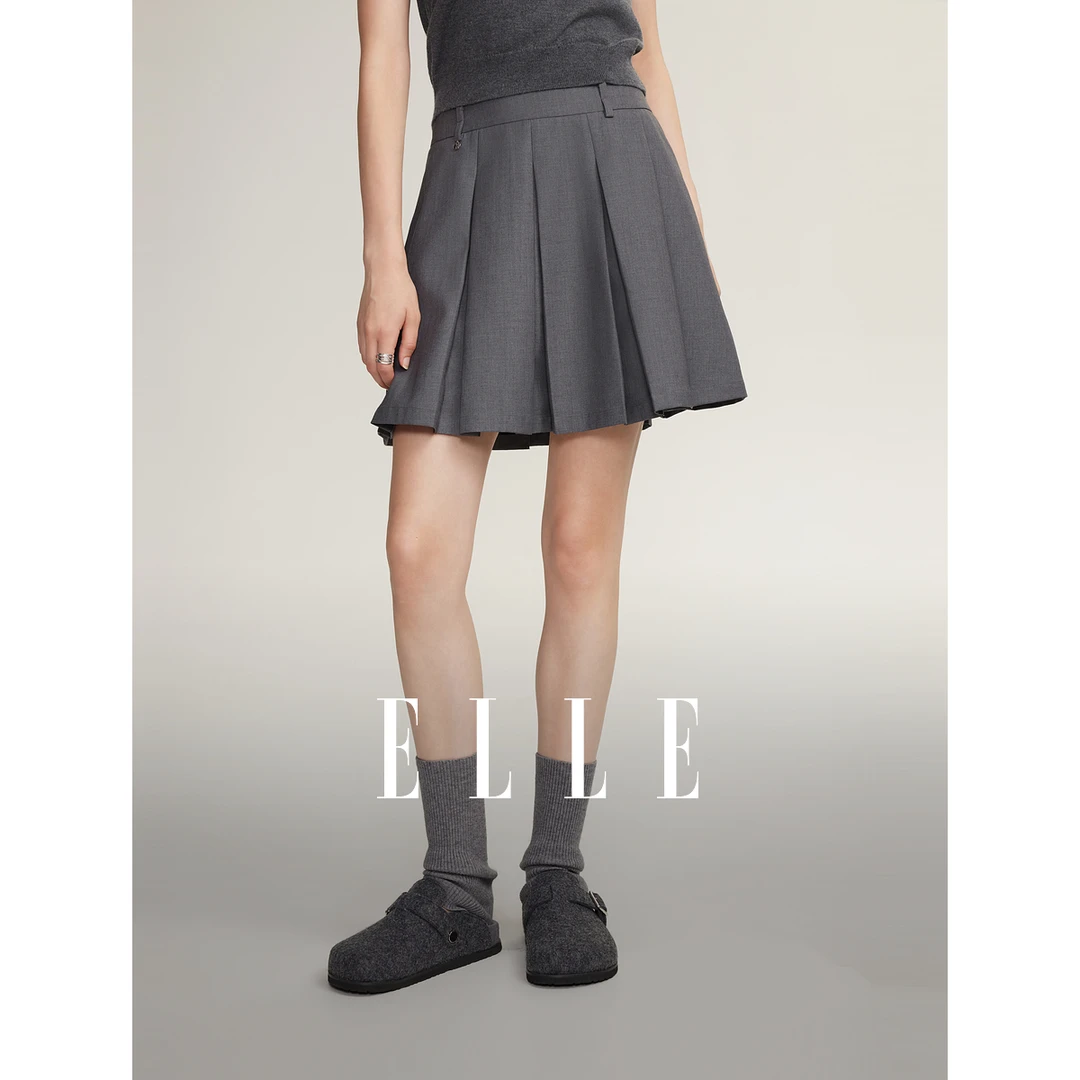 ELLE显瘦百褶裙半身裙2025春季欧若风洋气裙子小个子短裙ER48720