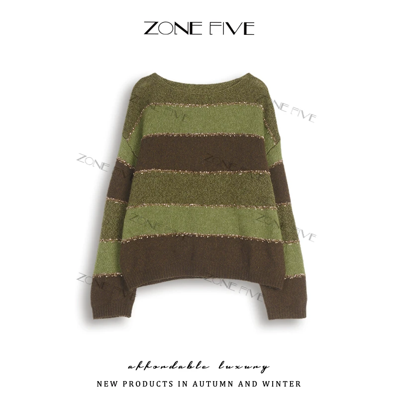 【zonefive】新款网红女秋冬毛针织衫条纹毛衣休闲百搭时尚宽松圆领