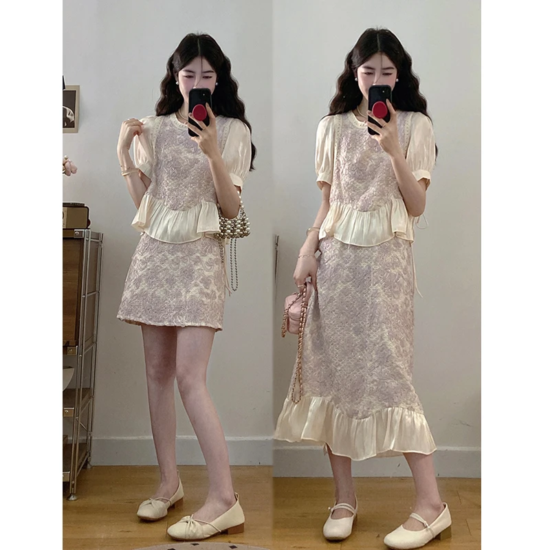 大码女装夏季新款法式气质温柔风蕾丝拼接上衣高腰半身裙两件套