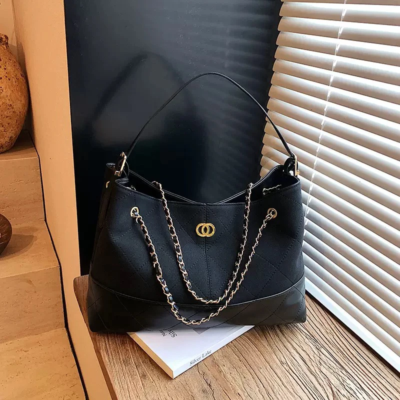 手提款菱格链条包黑色法式斜挎包简约单肩托特包复古