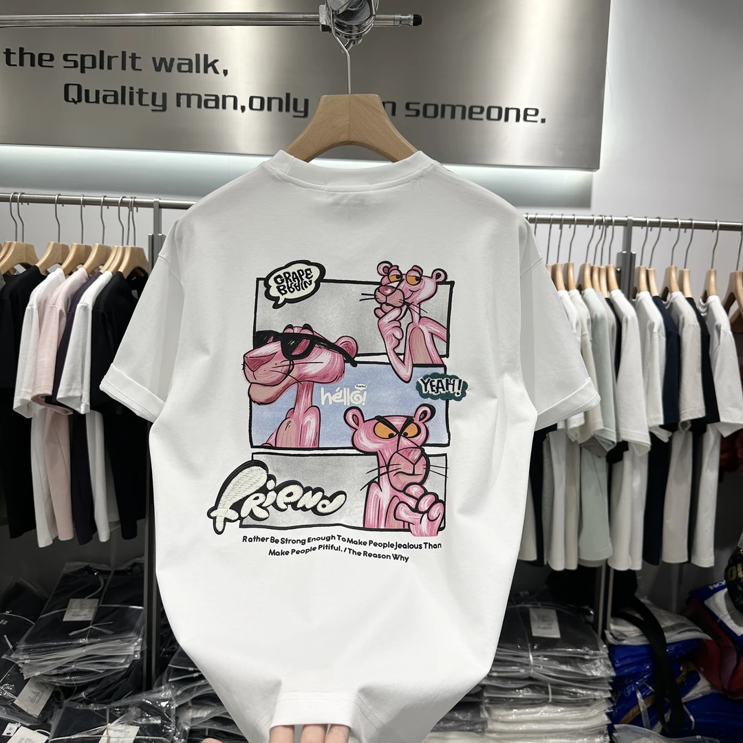 夏季新款ins男士短袖T恤粉红豹印花圆领半袖宽松休闲百搭上衣