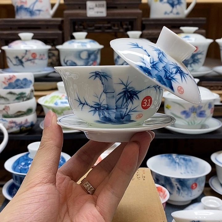 手绘竹子悬停盖碗150cc釉下彩微瑕福利款