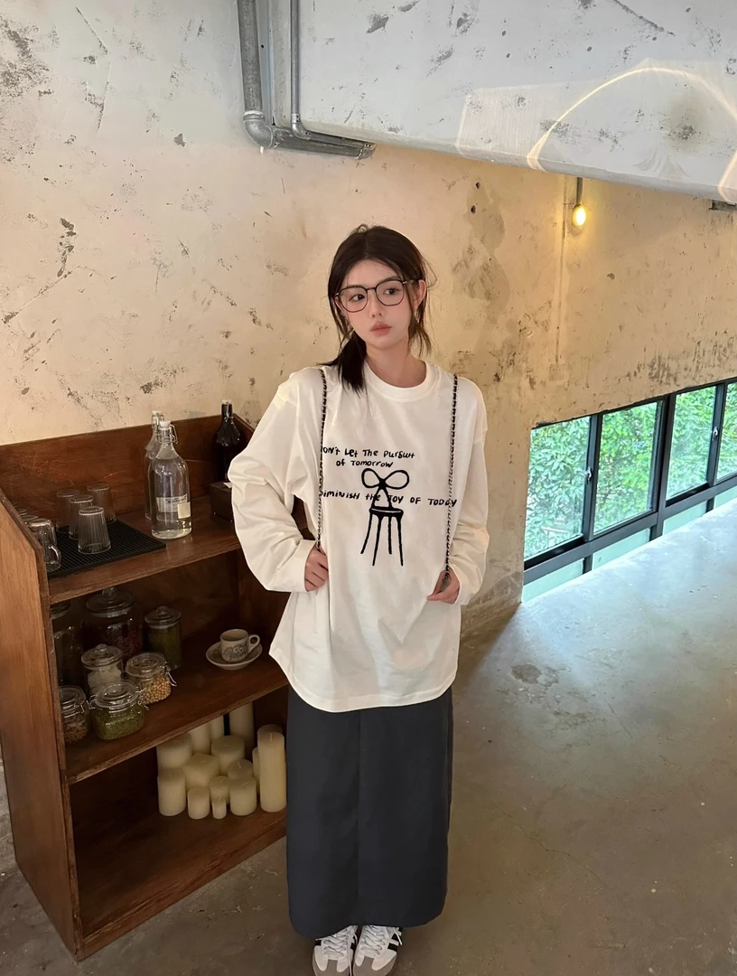 100%纯棉早秋韩系白色长袖T恤女学院风小众宽松显瘦圆领打底衫ins