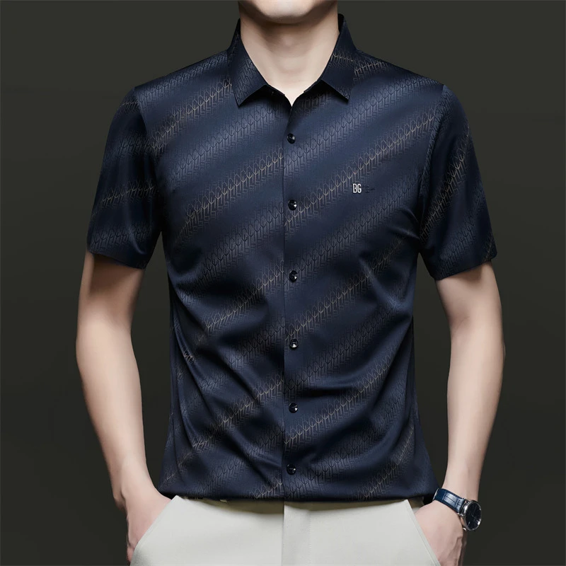 夏季印花短袖斜条纹男士休闲衬衫无痕薄款轻奢高档透气弹力男衬衣