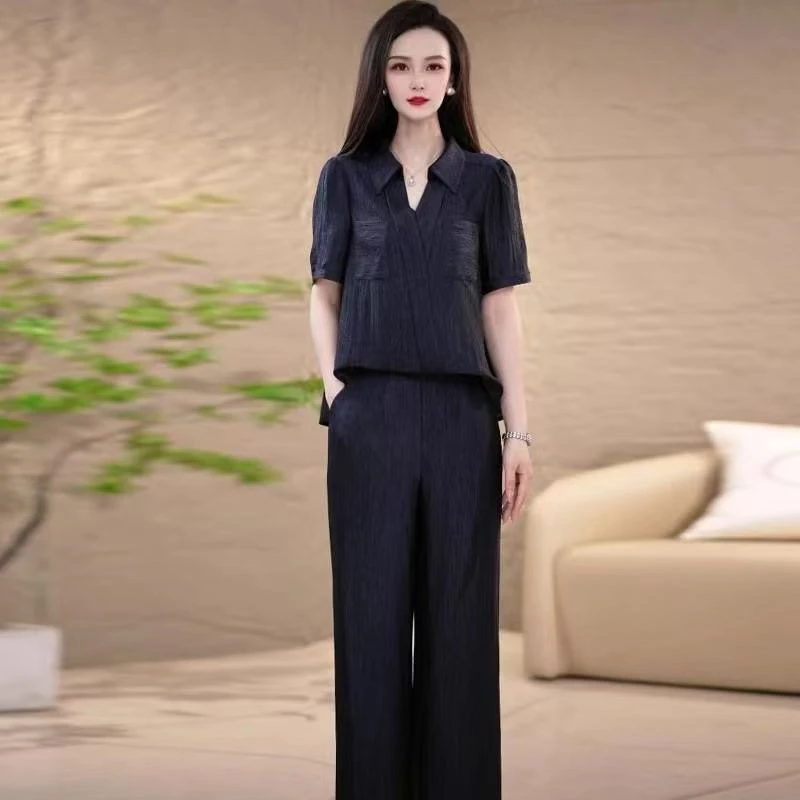 7195夏季时尚修身宽松百搭显瘦减龄拉链拼接上衣阔腿裤