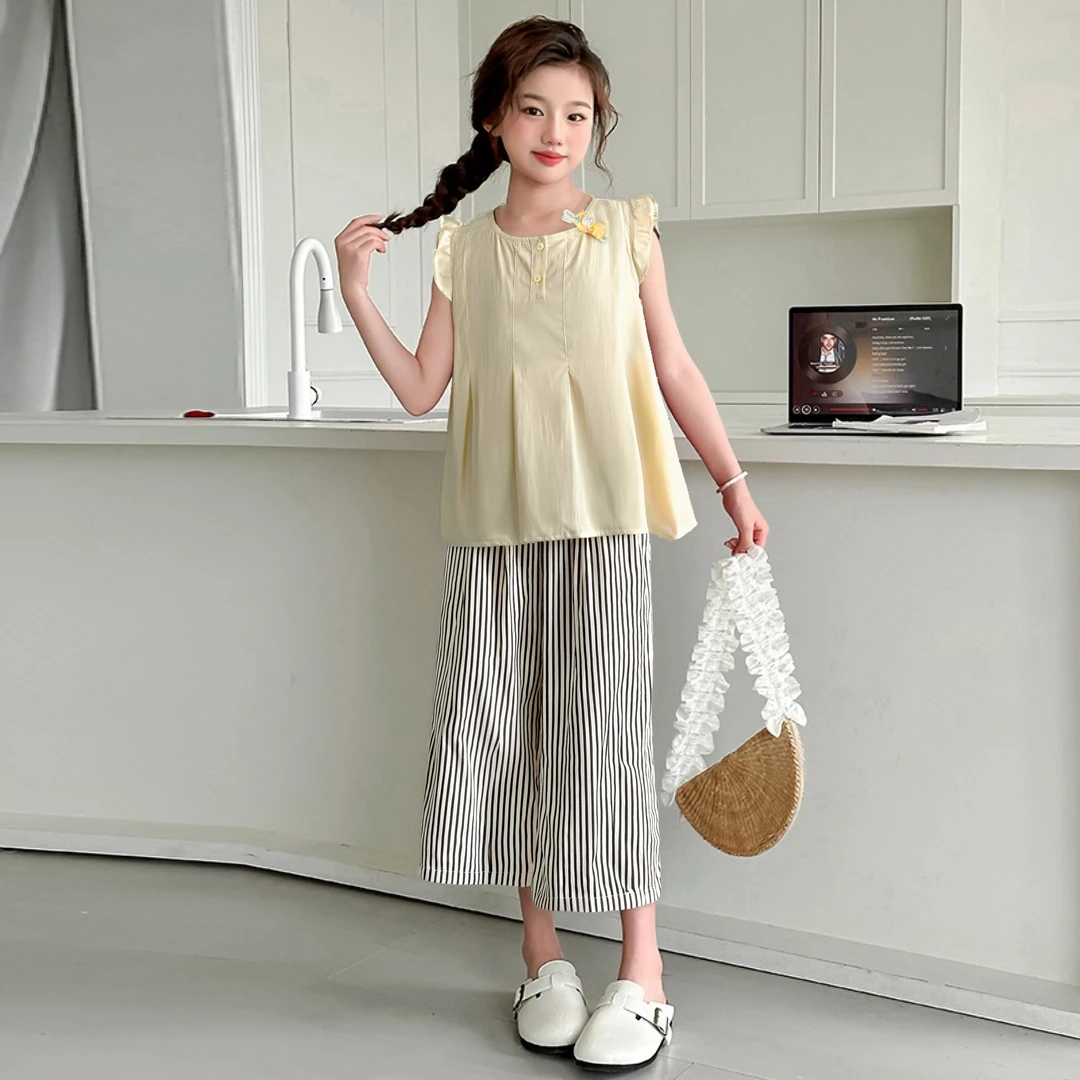 【芽梓制衣】韩版套装套头休闲时尚外穿条纹夏季舒适无袖女童25T014
