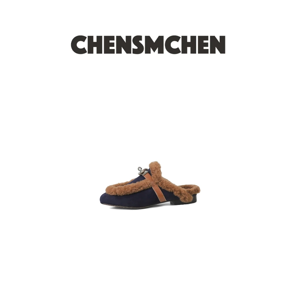 CHENSMCHEN 冬季加绒羊羔毛锁扣一脚蹬懒人半拖7000