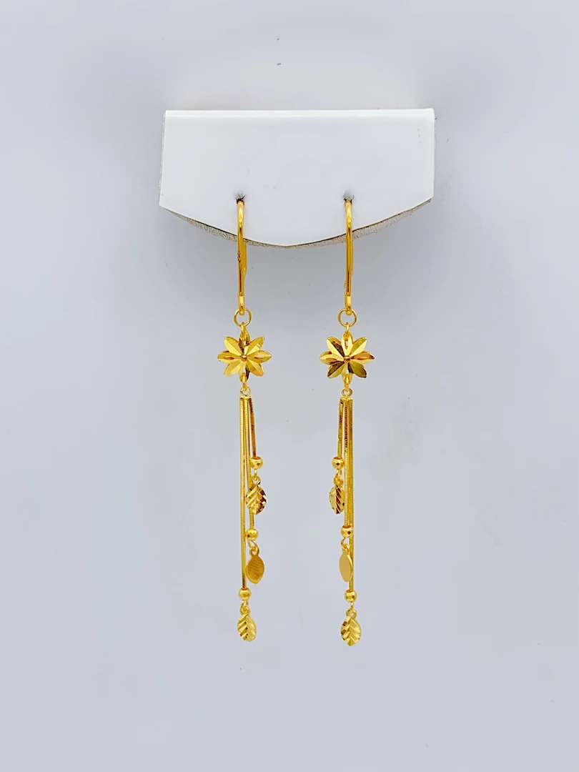 老庙黄金 足金 精工5G工艺 时尚亮面树叶流苏 耳钩 2.76克