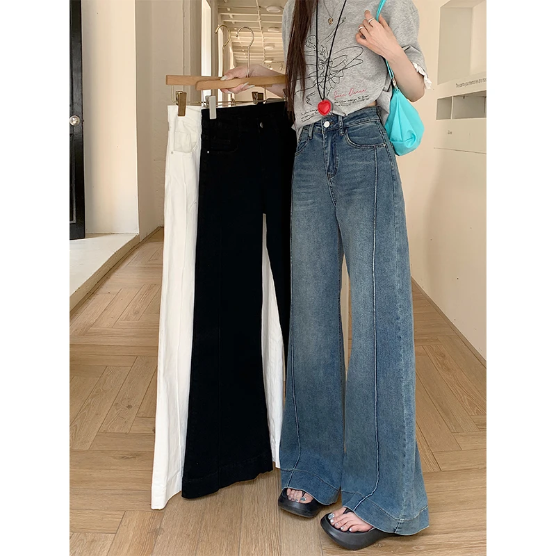 夏季高腰微喇牛仔裤女新款修身遮跨宽松阔腿显高显瘦裤子长裤