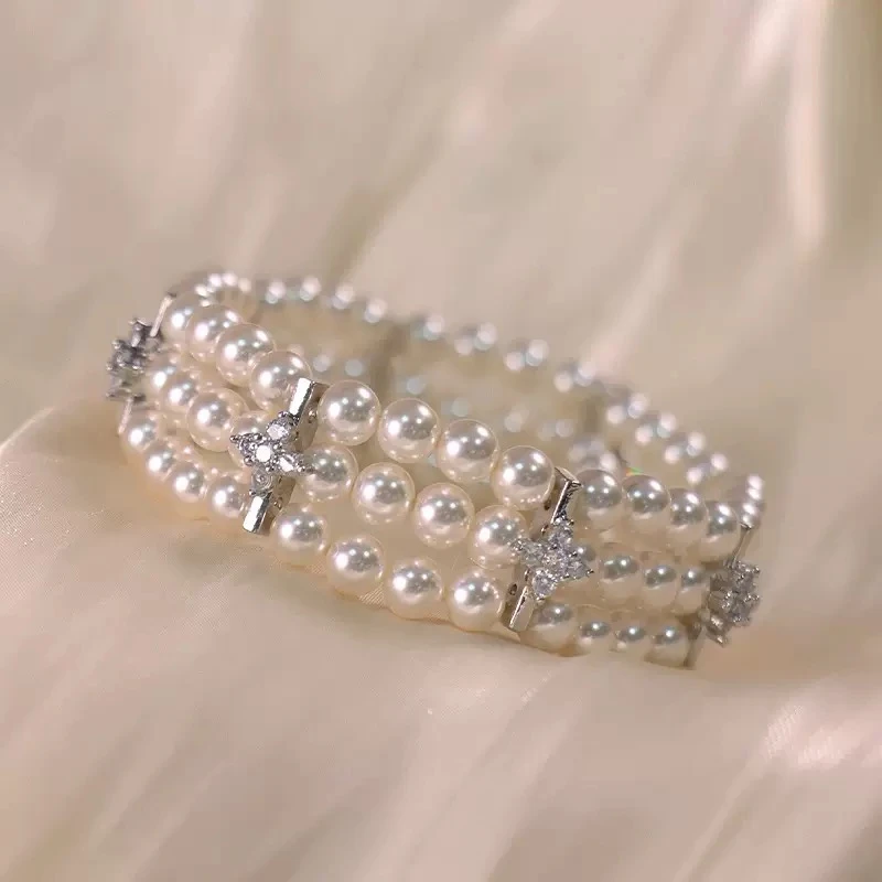 合金手镯 小众设计简约珍珠男女同款冷淡风轻奢百搭百搭多层手镯