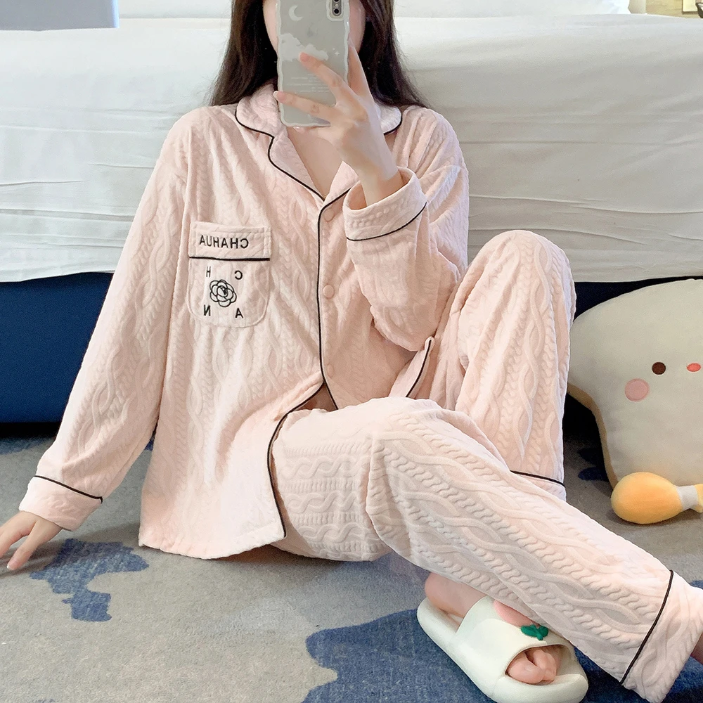 【双面海岛绒】2024秋冬季新款山茶花加厚舒适保暖睡衣女款家居服