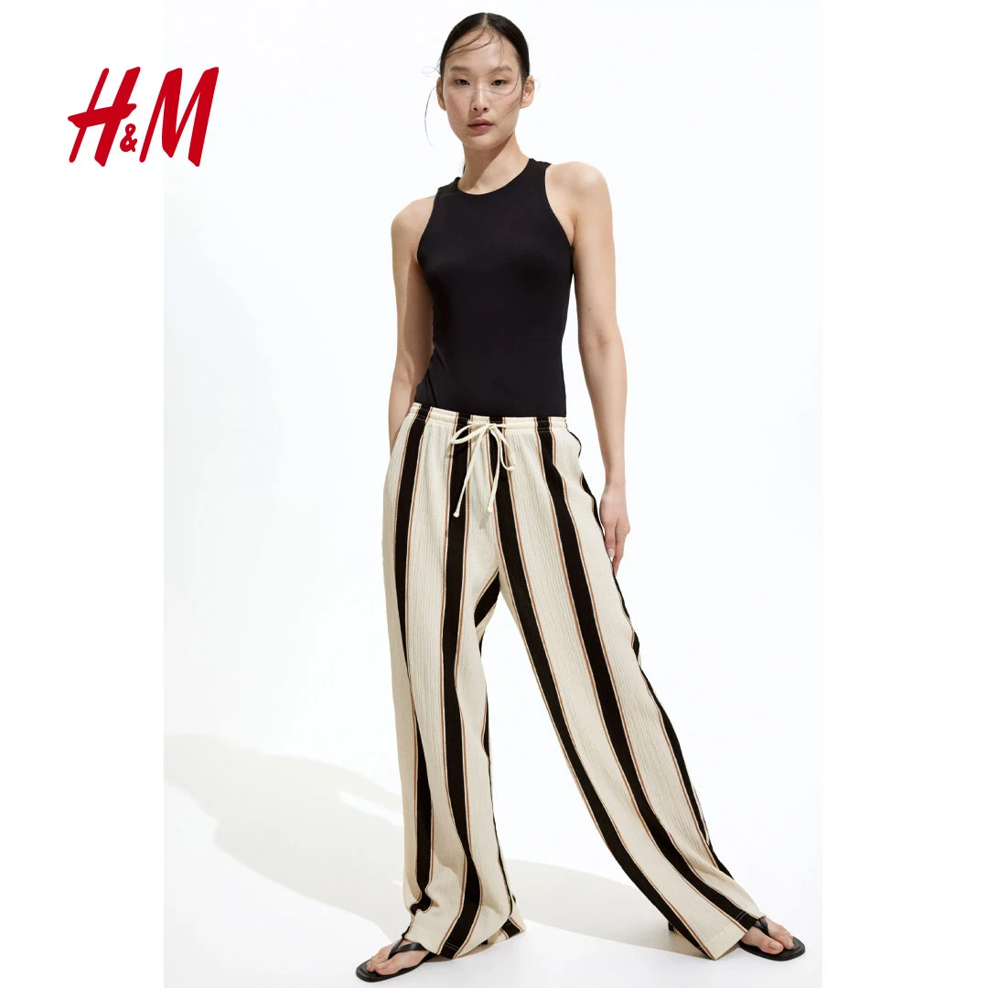 HM女装休闲裤春季薄款高腰长裤松紧腰宽松直筒阔腿裤1216645