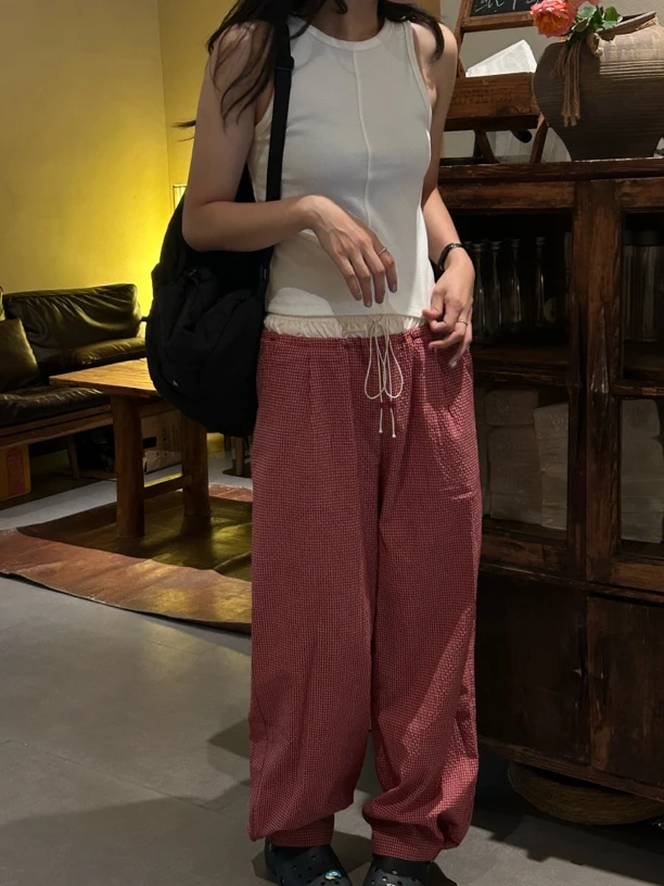 wansc&晚山茶 韩代 撞色下摆可调节高腰红色格子休闲长裤no退换