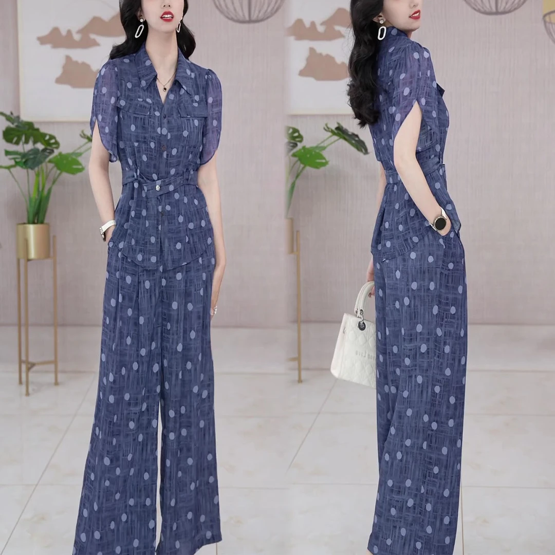 时尚休闲套装女2025夏季新款洋气设计感绑带短袖上衣阔腿裤两件套