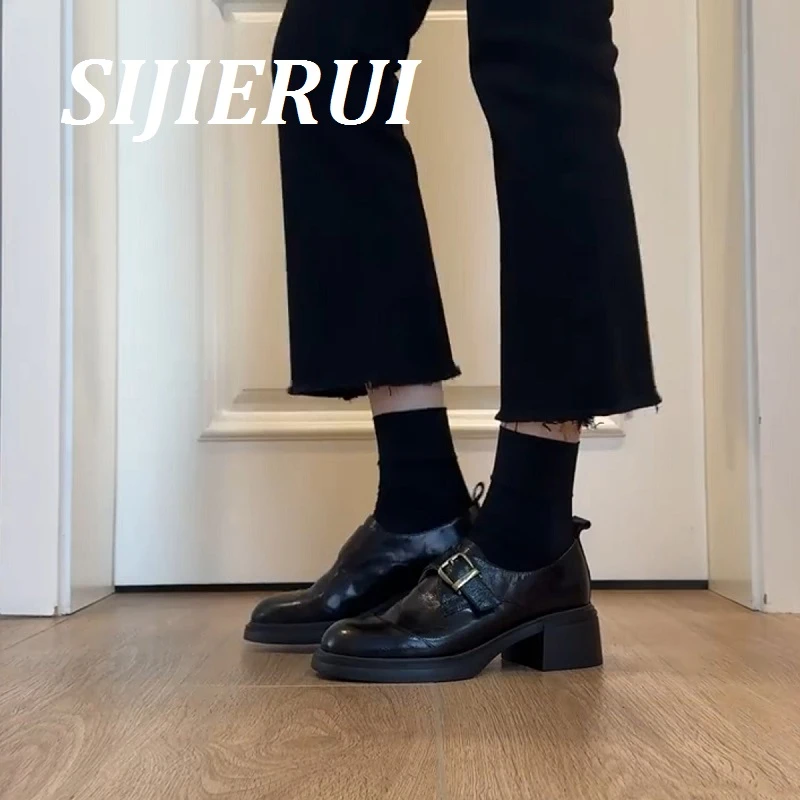 SIJIERUI复古皮带扣深口乐福鞋女简约通勤粗跟一脚蹬英伦风小皮鞋