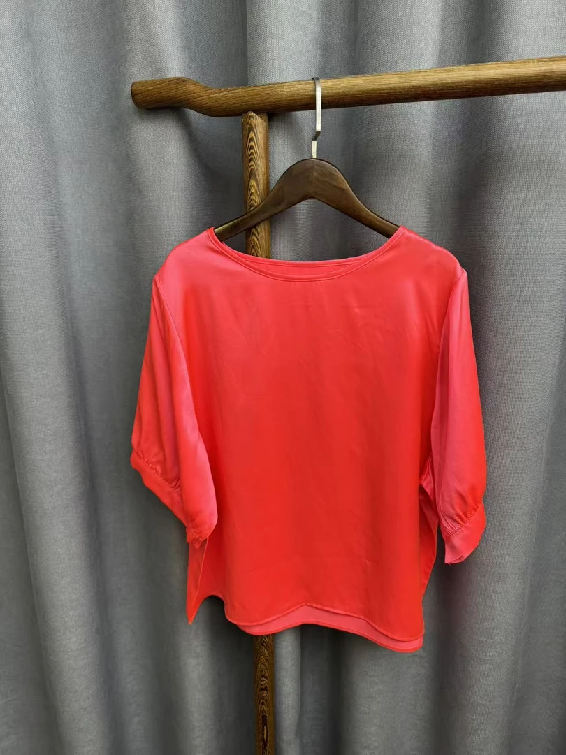 秋季新款休闲时尚圆领桑蚕丝短袖上衣女H242