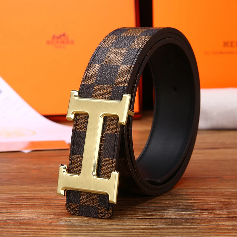 新款男士皮带真皮格纹时尚商务腰带社会潮流中青年轻人裤带内扣头