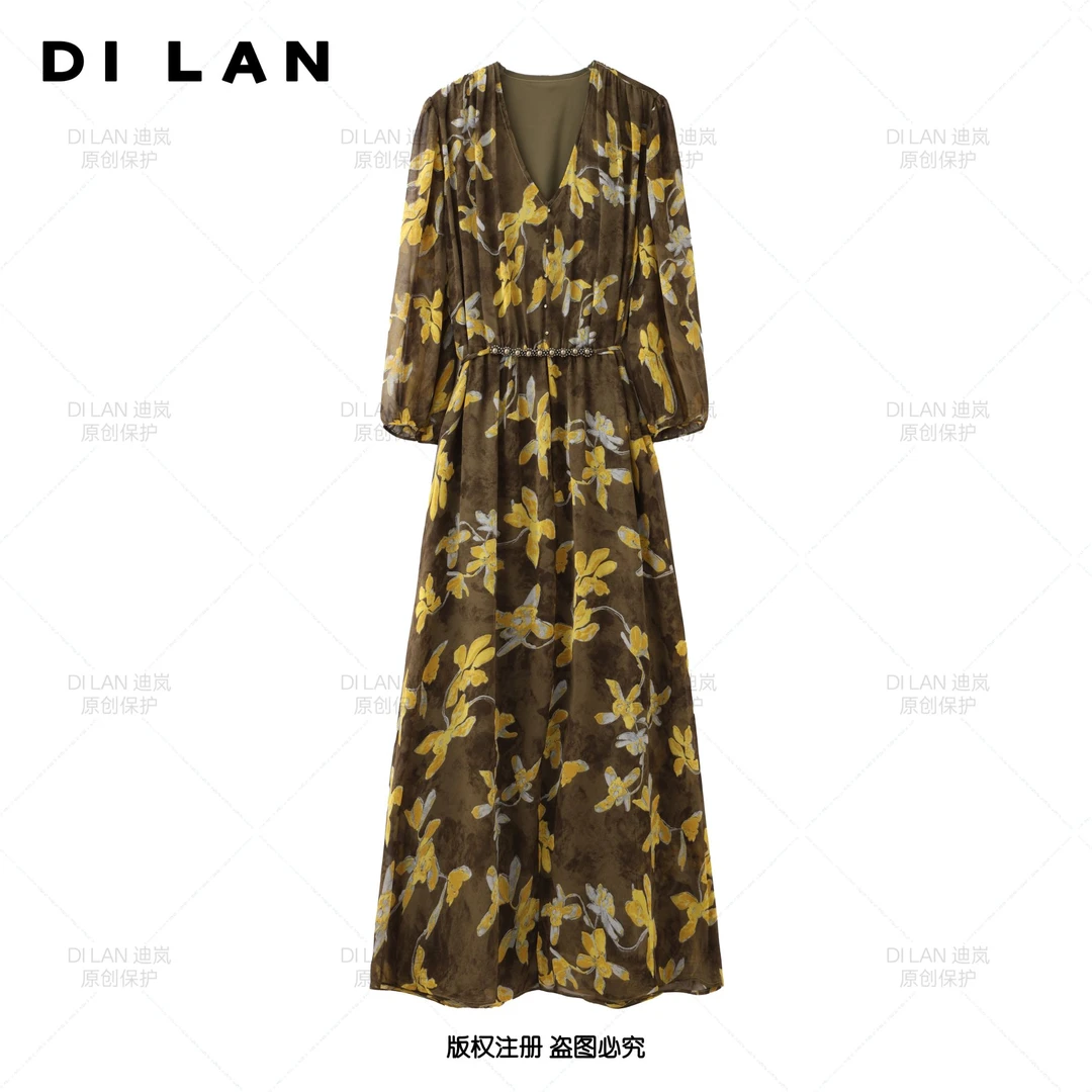 【夏日柠檬A】夏季V领套头百搭中设计师女士连衣裙高腰收腰2563