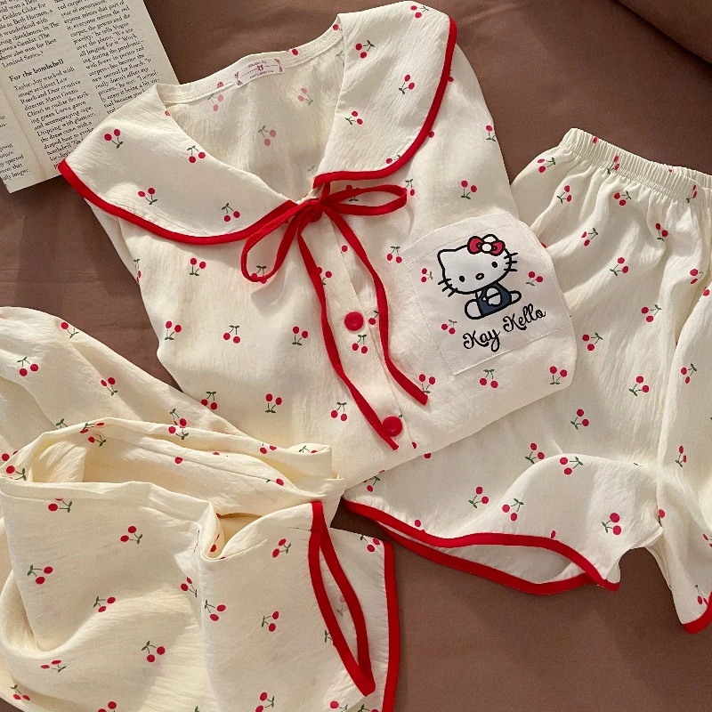 短袖秋季夏季刺绣KT猫睡衣家居服套装薄款宝宝短裤少女三件套长裤