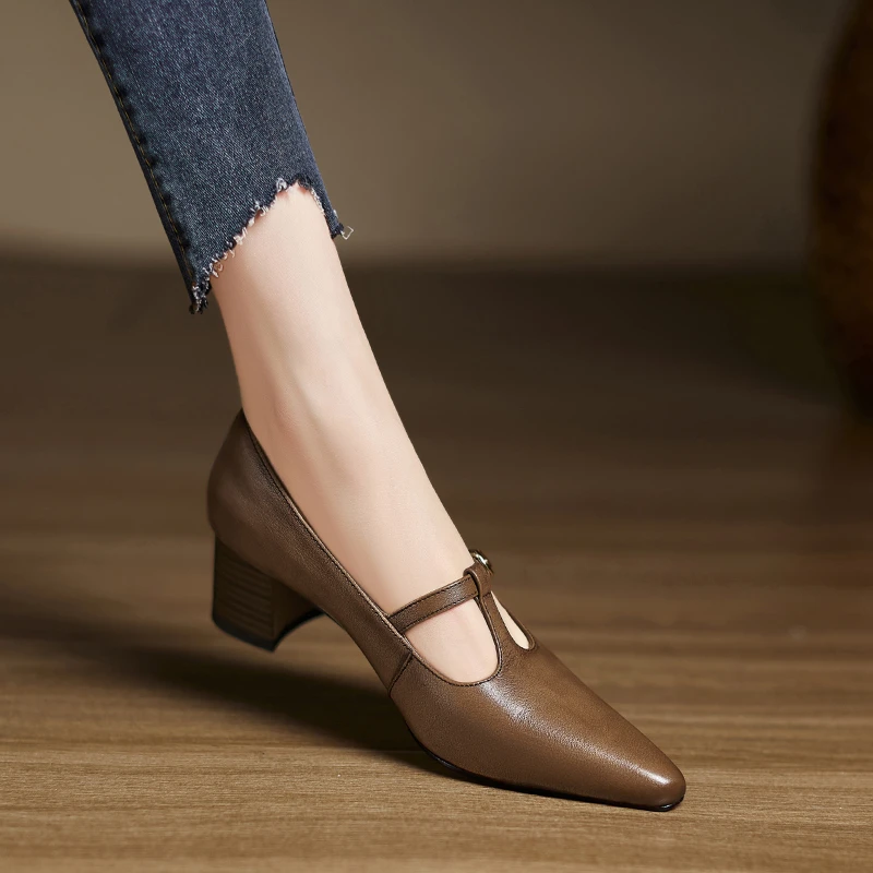 5cm~好穿不累脚粗跟单鞋女尖头浅口玛丽珍鞋气质高跟鞋丁字小皮鞋