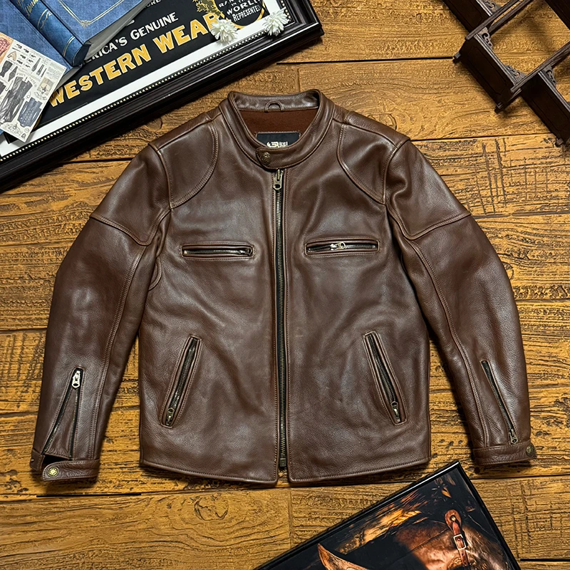1.5厚头层牛皮J100 复古机车立领男士短款皮夹克修身外套真皮皮衣
