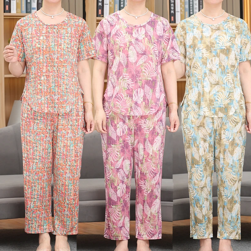薄款休闲风家居服圆领中老年女装宽松睡衣女装妈妈装夏季套装