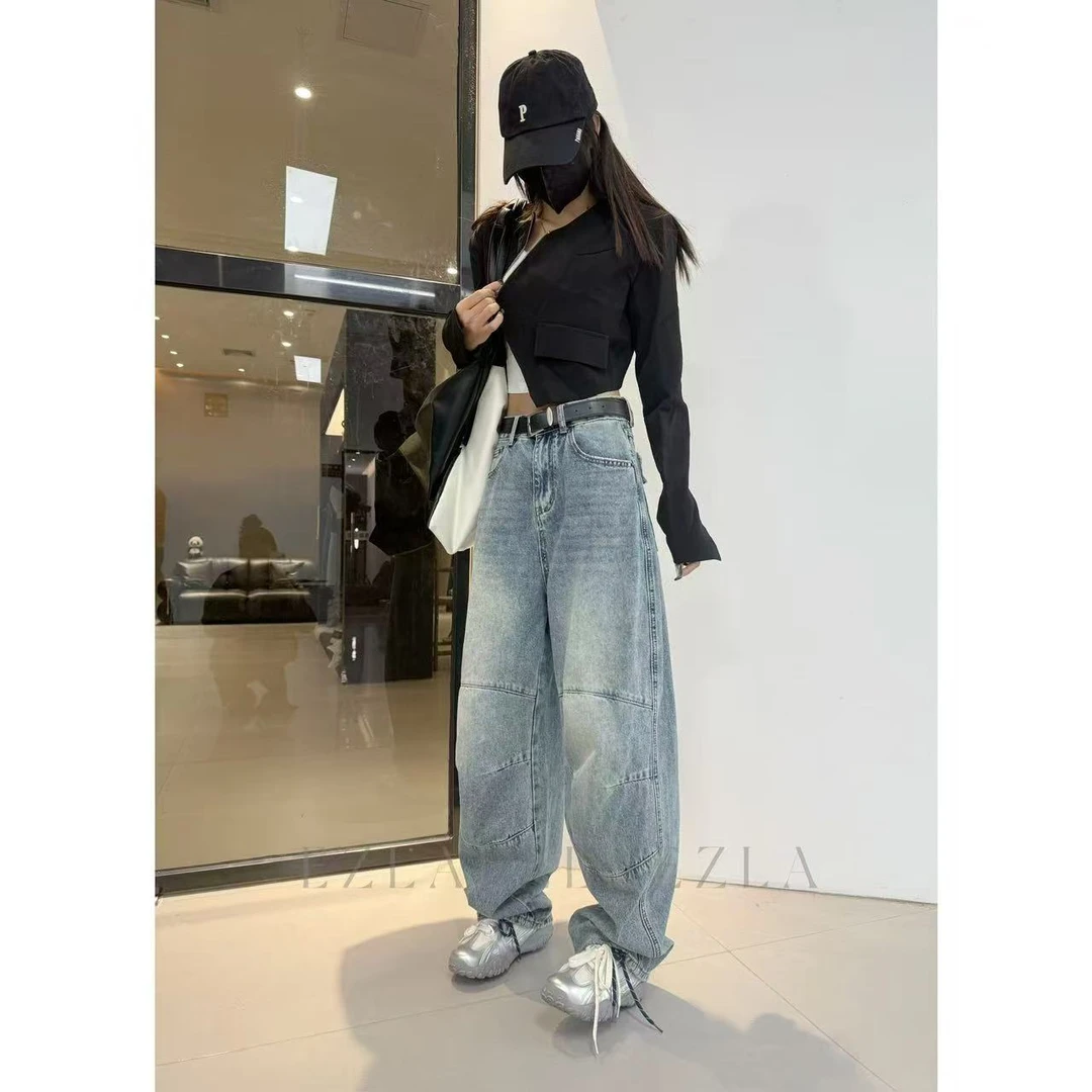 EZ8519 春季新款浅色设计口袋时尚高腰显瘦老爹堆堆牛仔裤