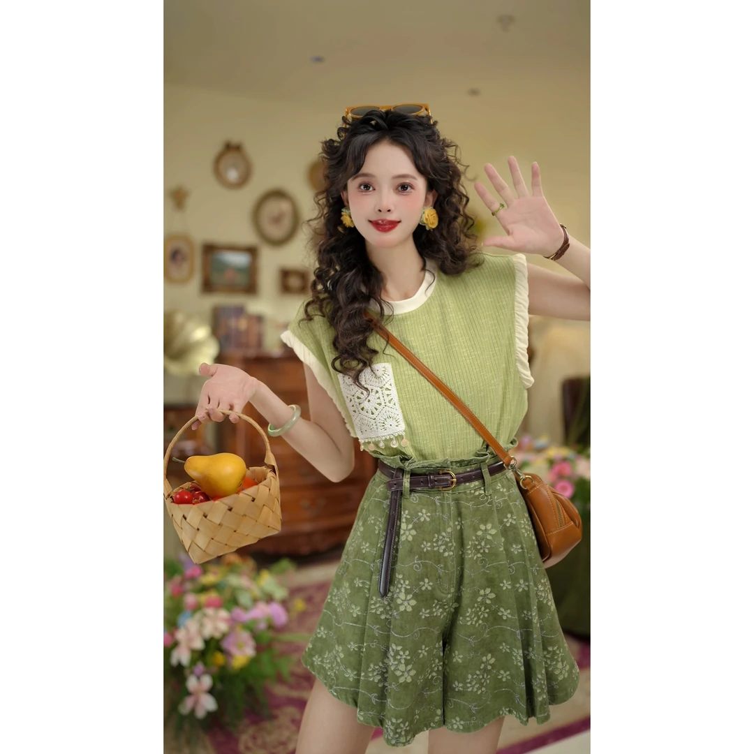 扣子家青苹果复古绿夏季无袖圆领t恤宽松休闲显瘦上衣KK0725425