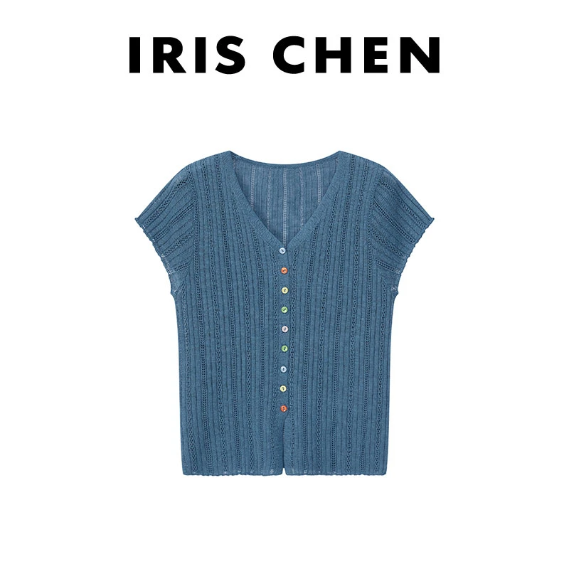 IRIS CHEN 肯豆短袖 2025春夏上新彩色纽扣v领显瘦短袖25SY424