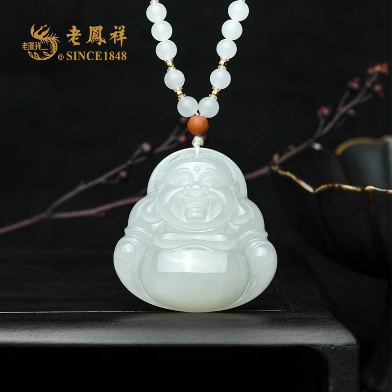 老鳯祥和田玉 18K金白玉佛公吊坠 珠链项链  多样性发一件 C04643