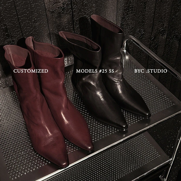 2.8cm复古尖头粗跟瘦瘦靴真皮西部牛仔靴短靴子