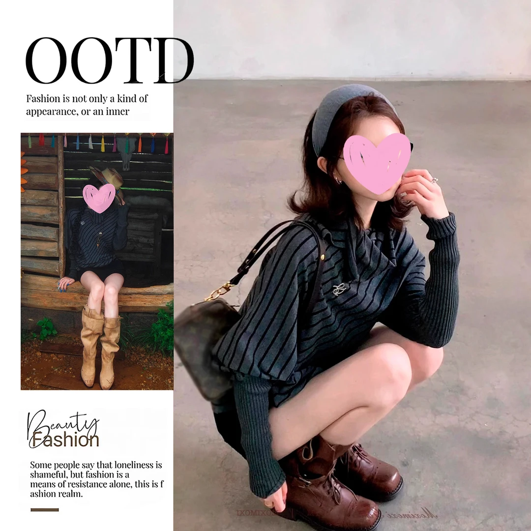 女早秋2025新款松弛感穿搭休闲风复古条纹蝙蝠袖宽松高领针织上衣