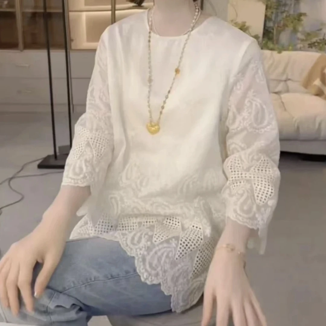 韩版设计感钩花蕾丝袖衬衫女2025春夏新款宽松显瘦气质潮流上衣潮