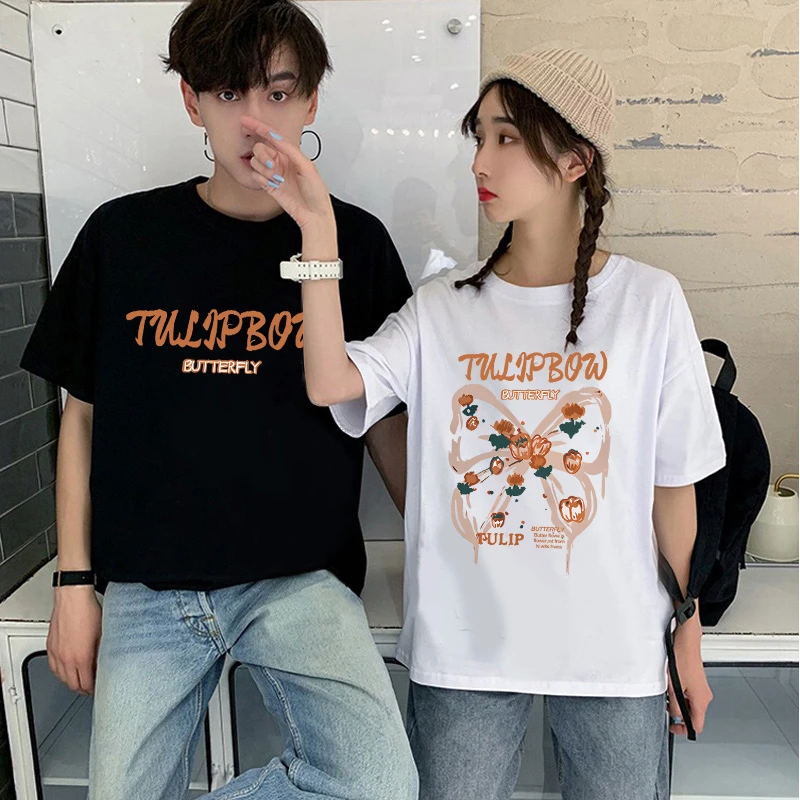 两件装 蝴蝶结花朵 印花情侣装百搭短袖宽松ins纯棉T恤圆领