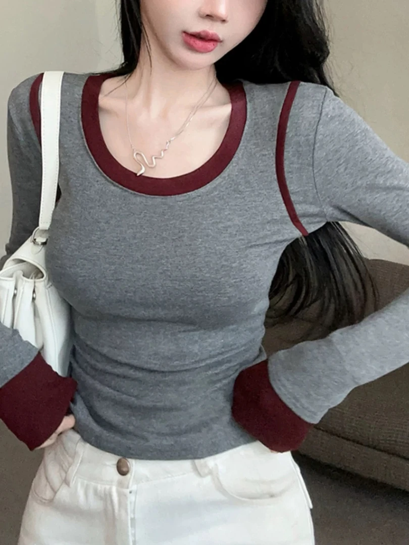 撞色圆领拼接长袖假两件女2025年秋冬新款辣妹修身显瘦上衣
