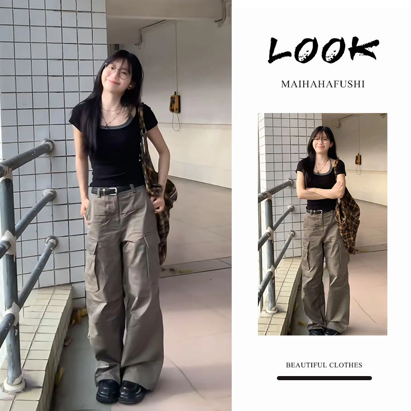 夏季一整套女装2025新款韩版黑色假两件正肩T恤工装阔腿裤两件套