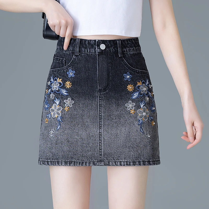 小个子刺绣渐变色牛仔A字裙女2025新款夏季显瘦时尚洋气包臀短裙