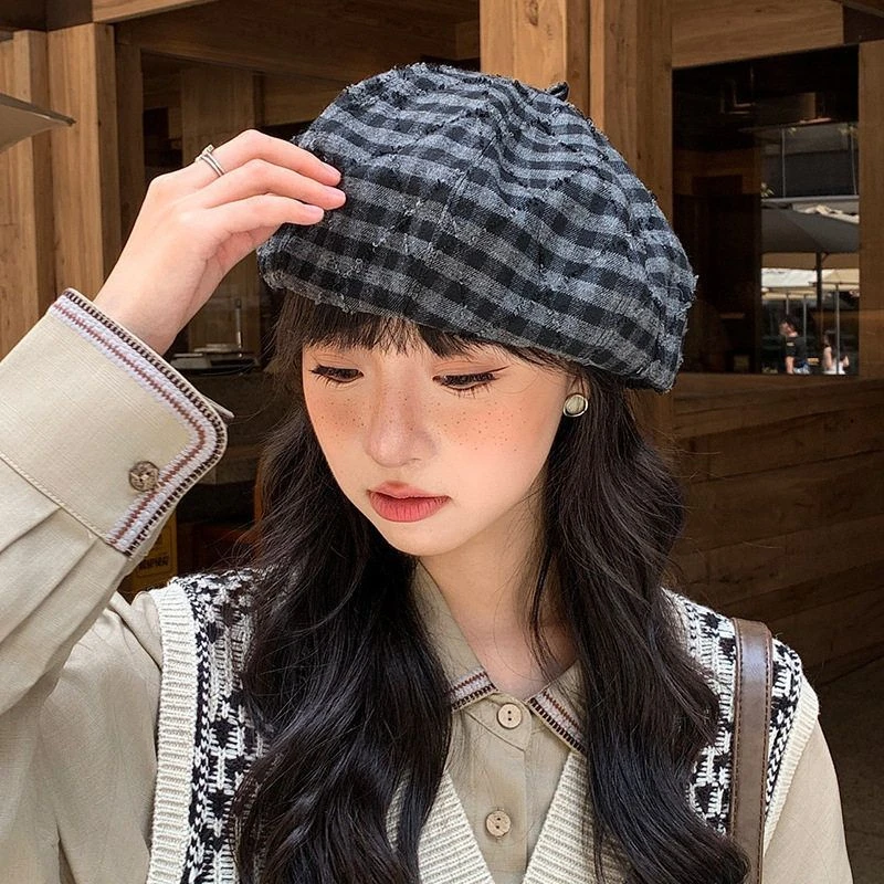 格纹毛边贝雷帽子女春秋韩版百搭显脸小画家帽复古做旧云朵八角
