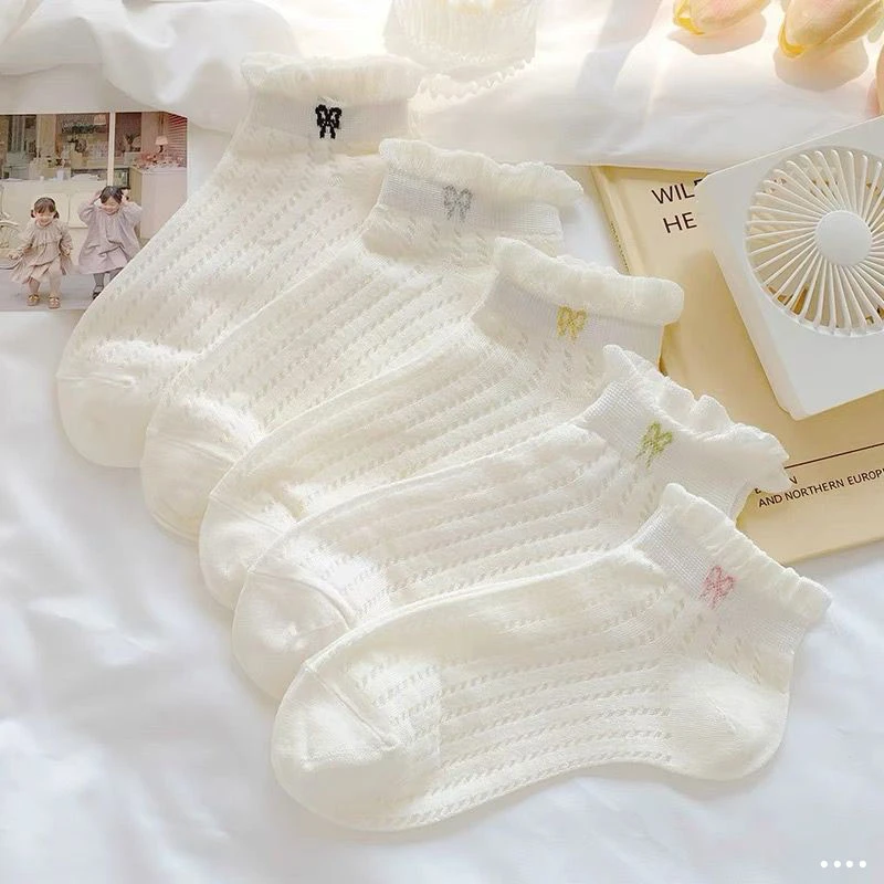 新款花边蝴蝶结袜子女士夏天薄款镂空透气冰丝袜韩版百搭卡丝短袜