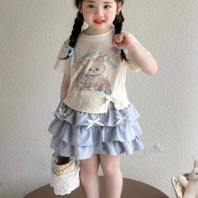女童夏装套装独特甜美女宝宝卡通T恤短袖两件套2025新款夏季裙子