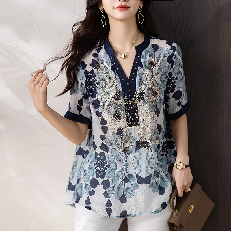 夏装宽松大码欧货短袖衬衫上衣2025新款显瘦烫钻印花设计V领小衫