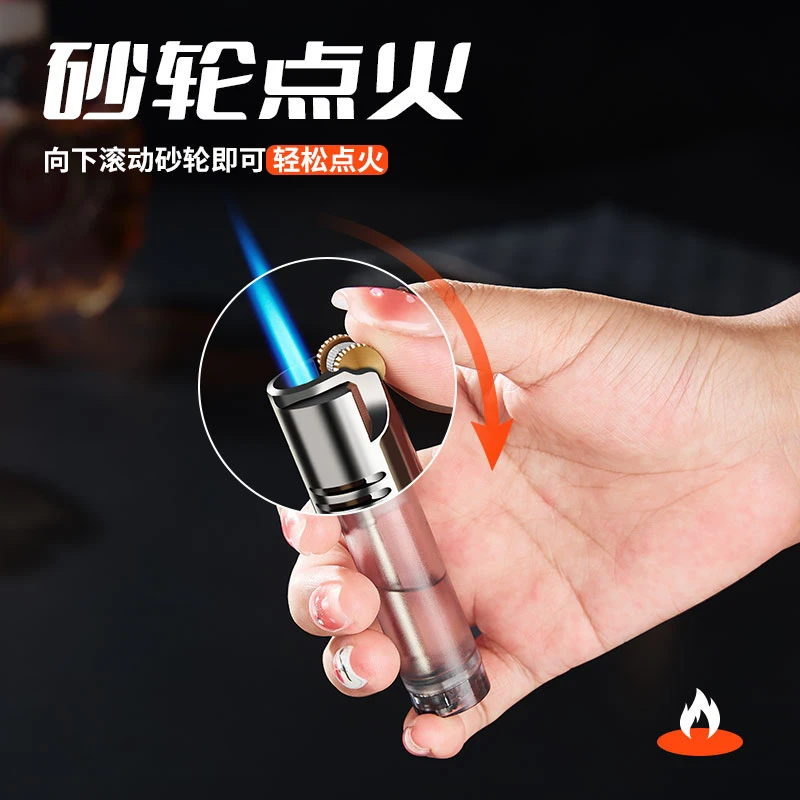防风打火机复古蓝焰直冲透明气仓打火机小巧精致耐用个性砂轮点火