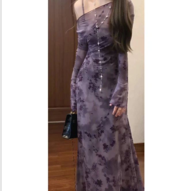 新中式国风复古紫色碎花长袖连衣裙气质高级收腰修身包臀裙3327#