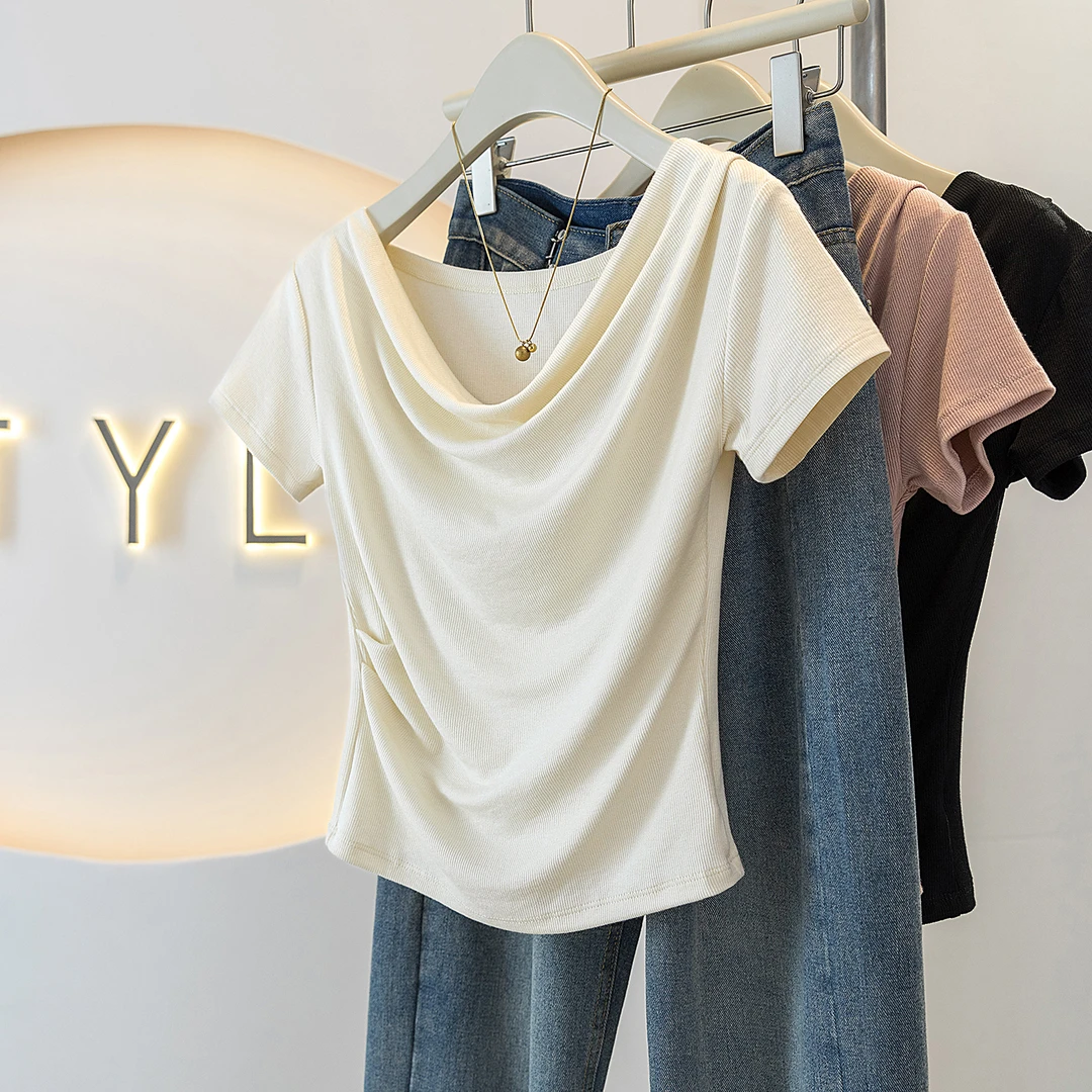 yoewshean/羽媗夏季微胖mm荡领一字领褶皱短袖T恤遮肚子显瘦上衣