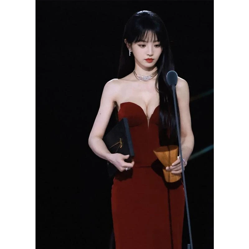 2025新款敬酒服红色丝绒学生艺考主持人年会女明星鱼尾演出晚礼服